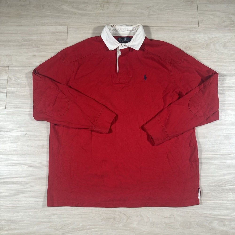 Polo Ralph Lauren Men’s Rugby Shirt Long Sleeve Red White Collar Elbow Patches L